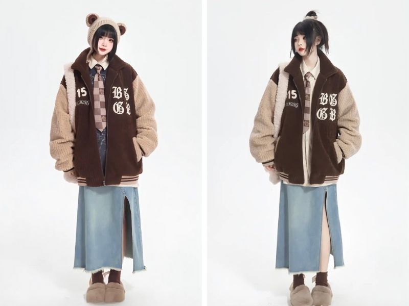 Cách phối chân váy jean dài với áo bomber jacket