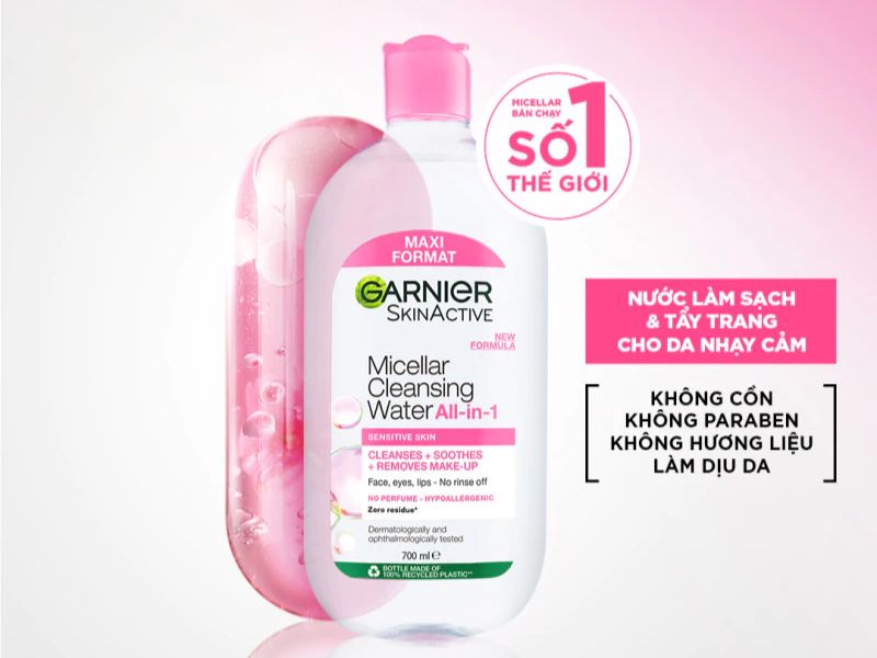 Nước tẩy trang Garnier Micellar Cleansing Water hồng