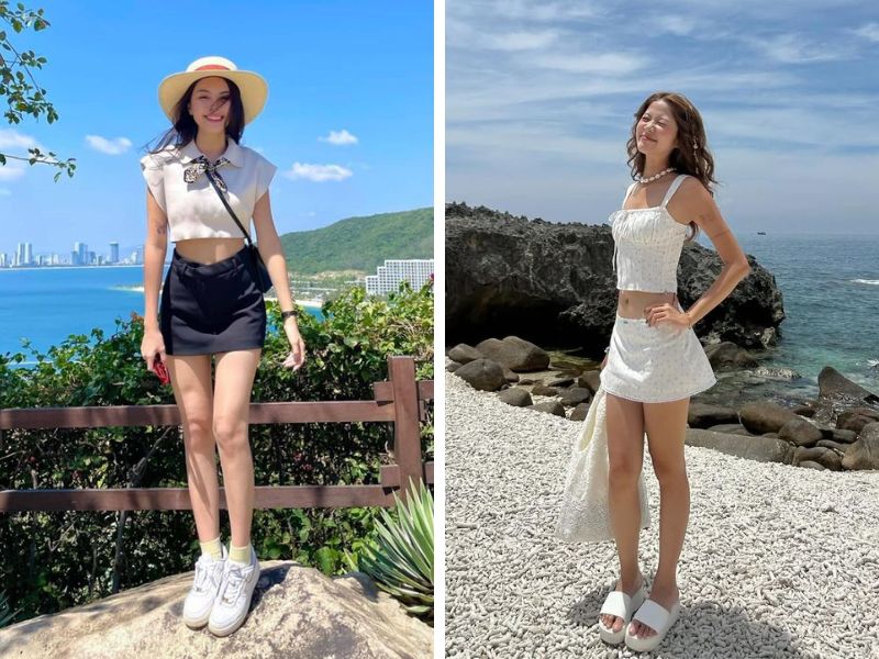 áo croptop chân váy chữ a đi biển nữ lùn