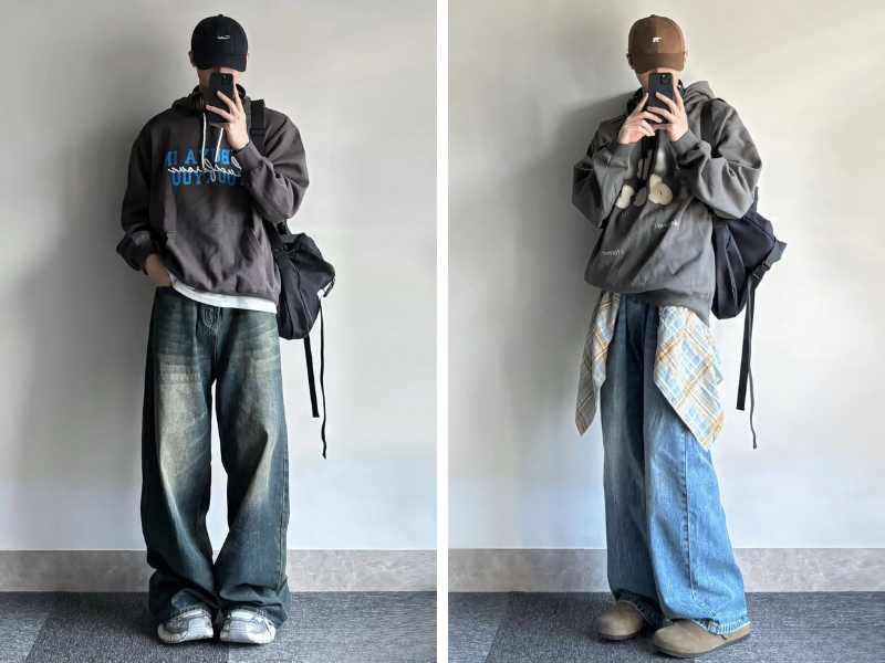 Quần jean ống rộng phối cùng áo hoodie