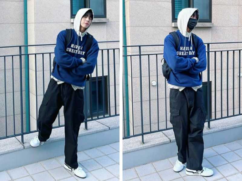 Phối áo màu xanh đậm với quần baggy đen