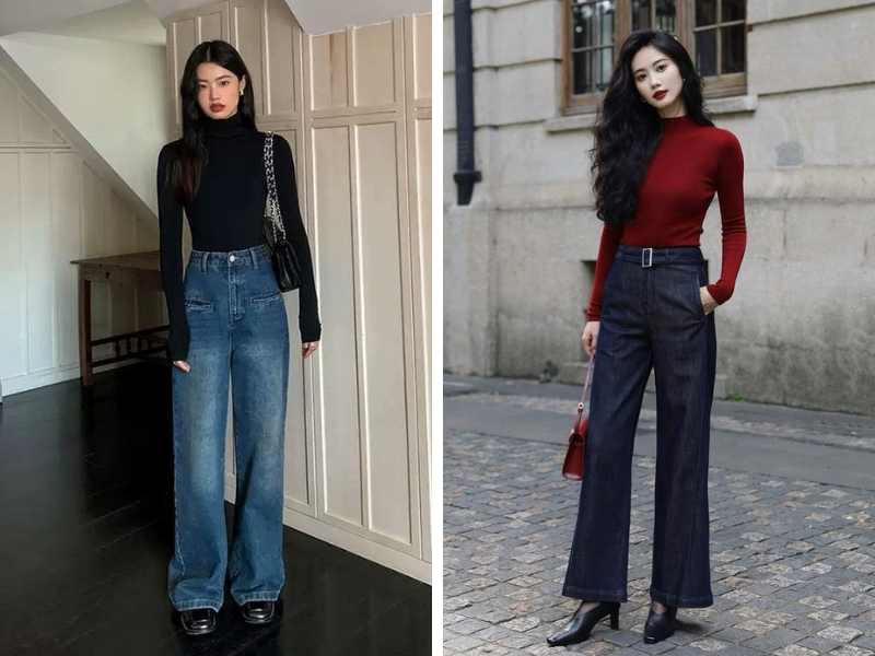 Quần jean ống rộng phối với áo cổ lọ