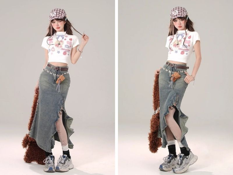 Cách phối chân váy bò dài với áo croptop