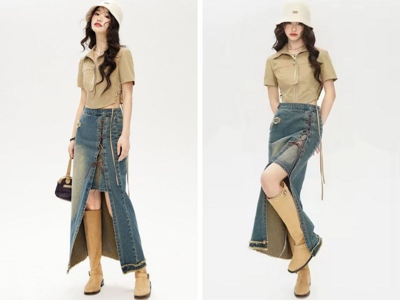 Cách phối chân váy bò dài với sơ mi croptop