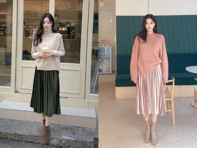 Áo len oversize phối chân váy