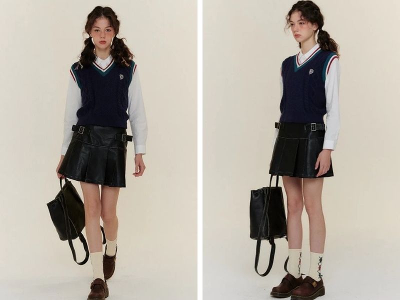 Cách phối áo gile với chân váy da