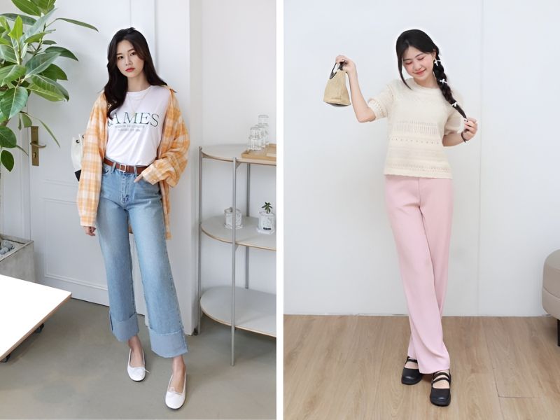 Phối giày bệt đầu tròn và quần ống suông