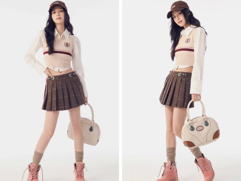 Cách mix áo gile với váy cho nữ lùn