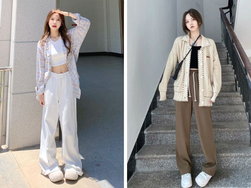 áo croptop và áo sơ mi hoặc cardigan