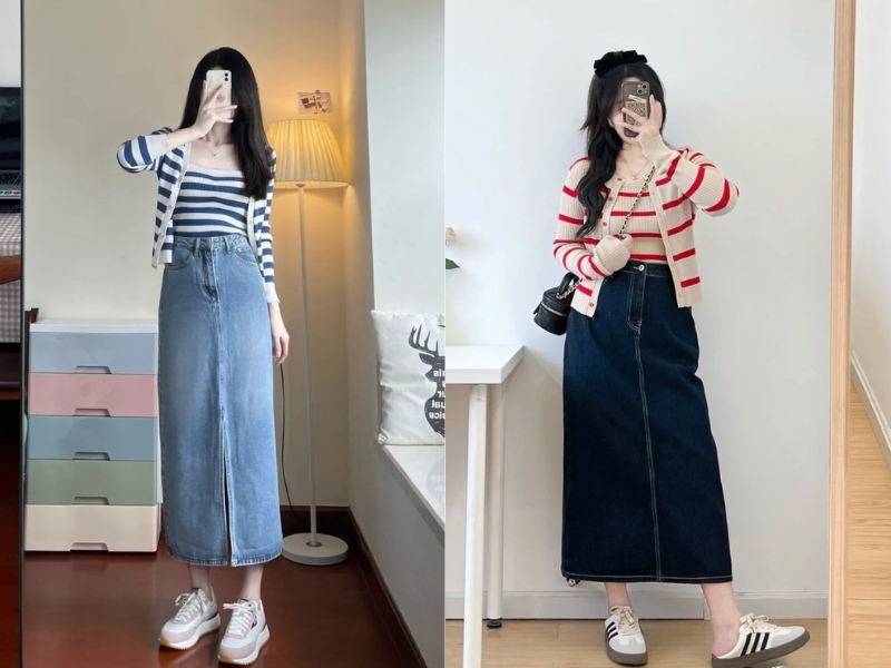Outfit áo len sọc ngang kết hợp chân váy jean chữ A