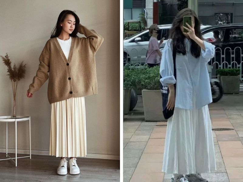 áo cardigan oversize và sơ mi oversize với chân váy xếp ly dài