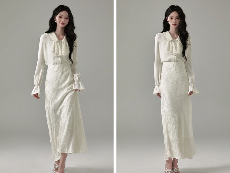 Cách mix chân váy suông dài với sơ mi kiểu