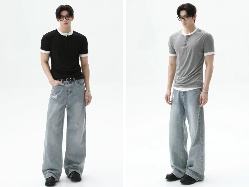 Quần jean loe nam kết hợp cùng áo henley