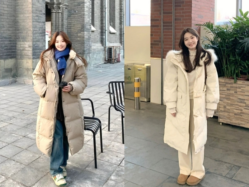 Áo phao dáng dài phối áo len và quần tối màu