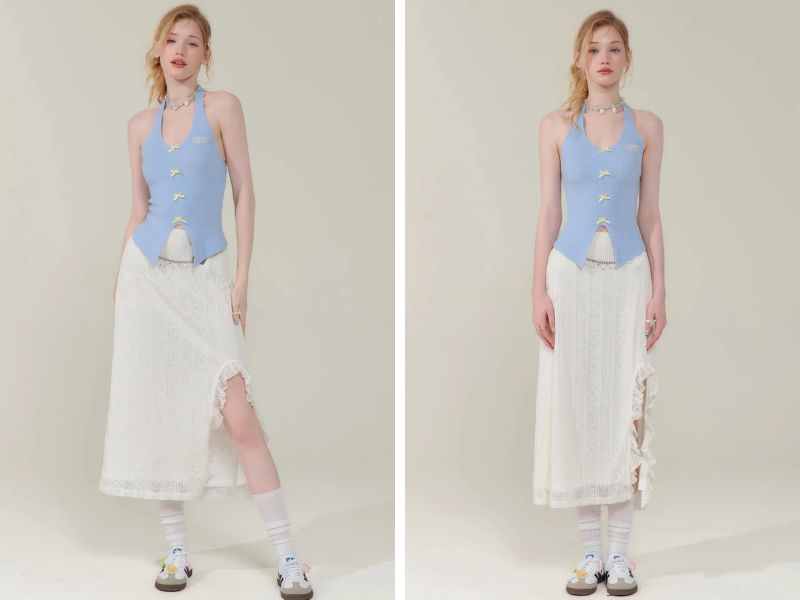 Cách phối chân váy dài với áo tanktop