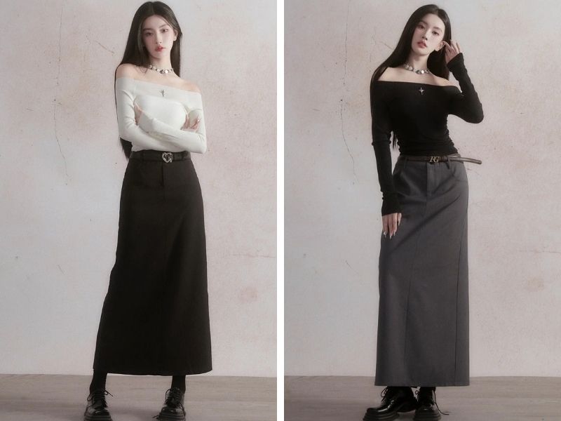 Cách mix chân váy suông dài với áo trễ vai