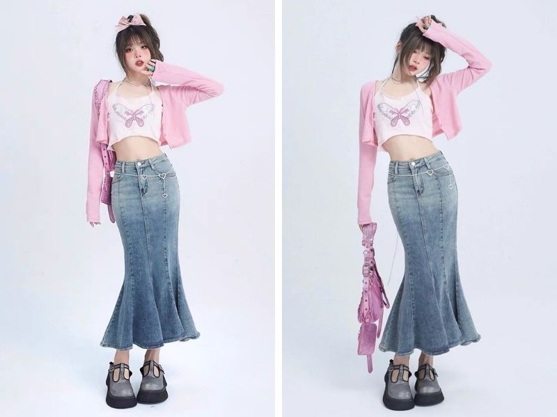 Cách phối chân váy jean dài với áo croptop