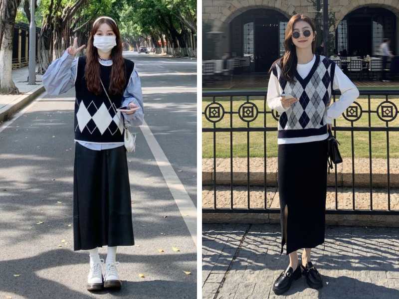 Cách phối áo gile với chân váy kaki