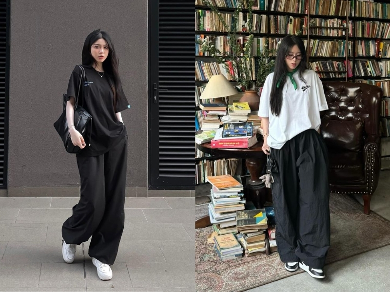 Phối đồ với quần ống suông đen và áo thun basic