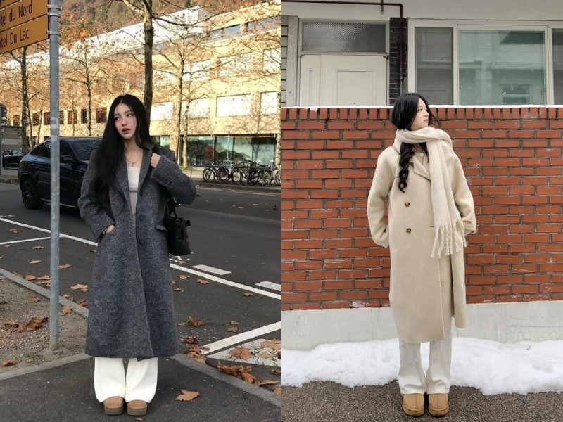 Áo dạ dáng dài phối áo len mỏng và quần tối màu