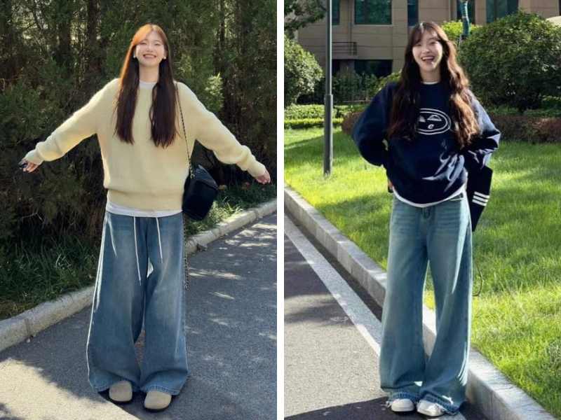 Phối quần bò ống rộng mùa đông với sweater nữ