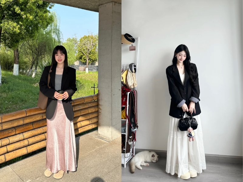 Phối váy chữ A dài với áo blazer thời trang
