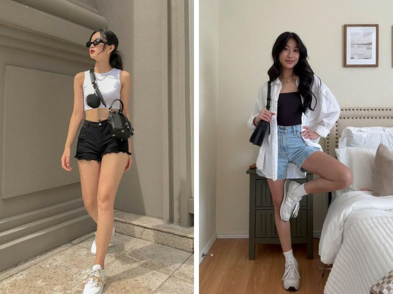 áo croptop và quần short cạp cao khoác áo sơ mi