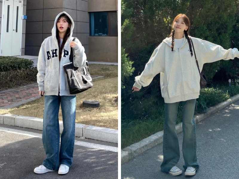 Quần jean ống rộng phối cùng áo hoodie