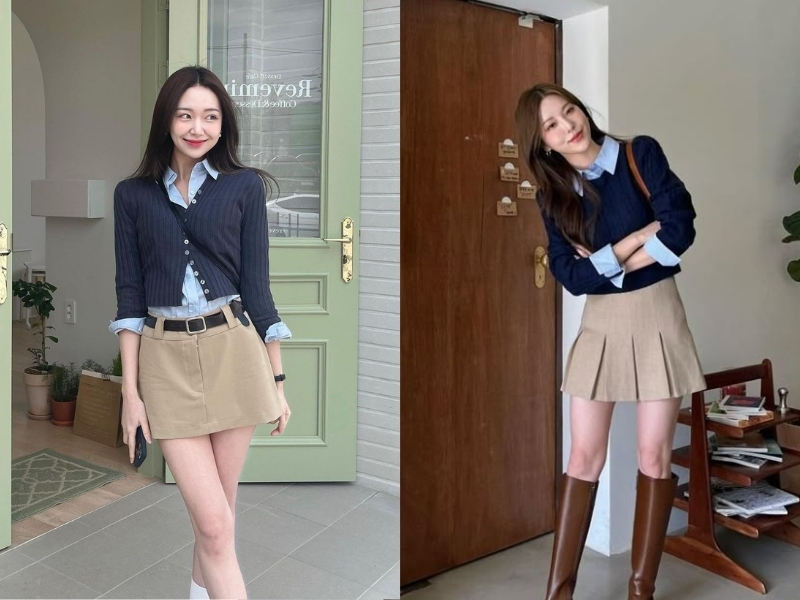 Áo len mỏng dáng gọn phối cùng chân váy chữ A cạp cao