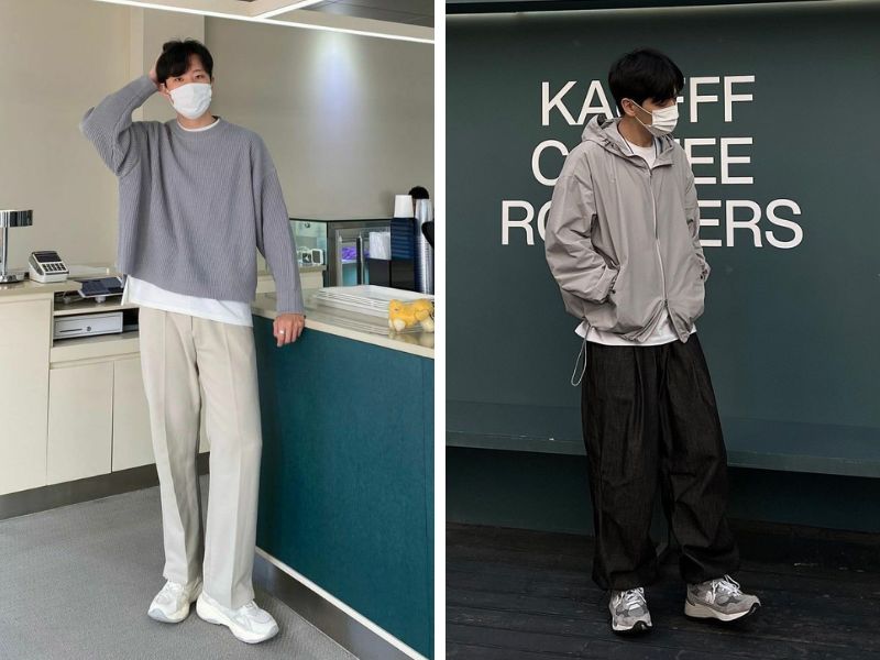 áo len xám lông chuột với quần be hoặc áo hoodie xám với quần jogger đen