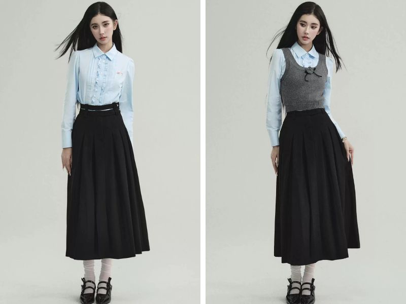 Cách mix đồ với váy suông dài xếp ly