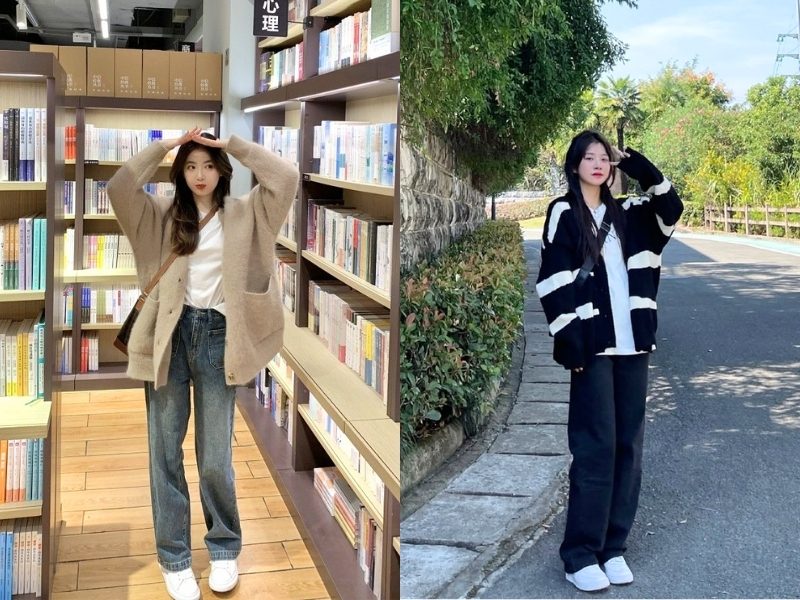 Áo cardigan dày phối quần ống rộng mùa đông