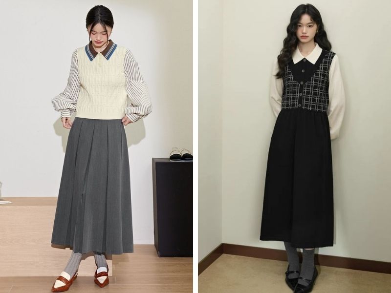 Cách phối áo len gile với chân váy dạ