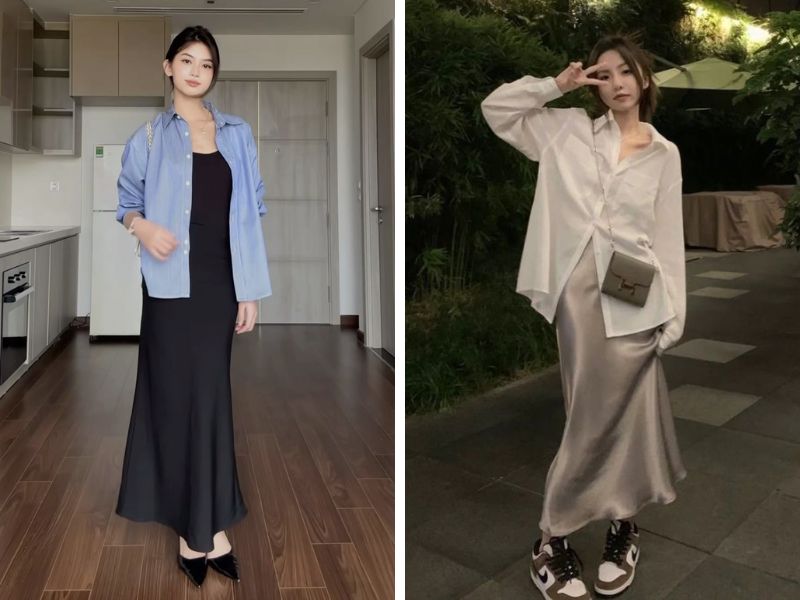 áo sơ mi tay dài nữ khoác ngoài váy hai dây