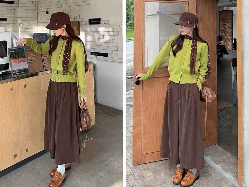 Phối đồ màu xanh bơ và nâu cho nữ