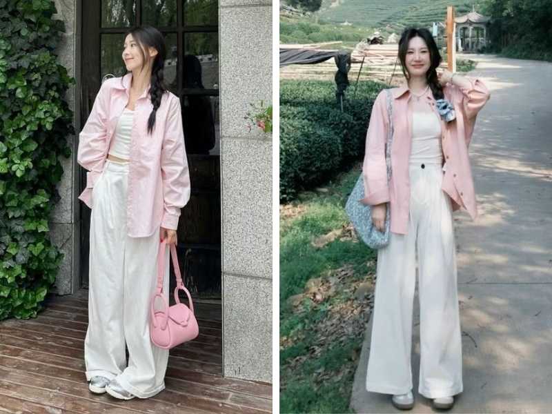 Phối quần ống rộng trắng với sơ mi hồng