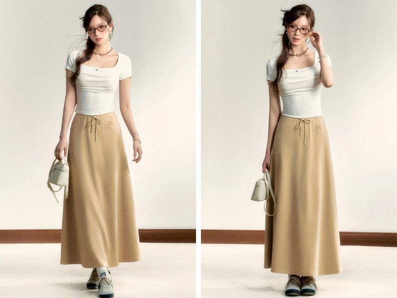 Cách mix chân váy suông dài với áo thun croptop