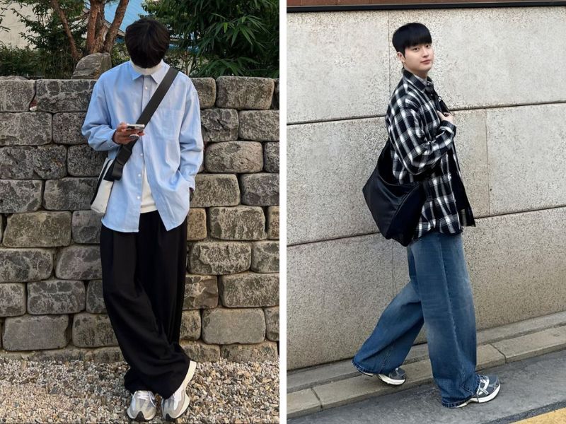 áo sơ mi và túi đeo chéo với quần ống rộng