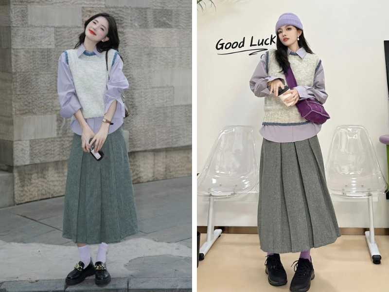 Cách phối áo gile với chân váy dạ