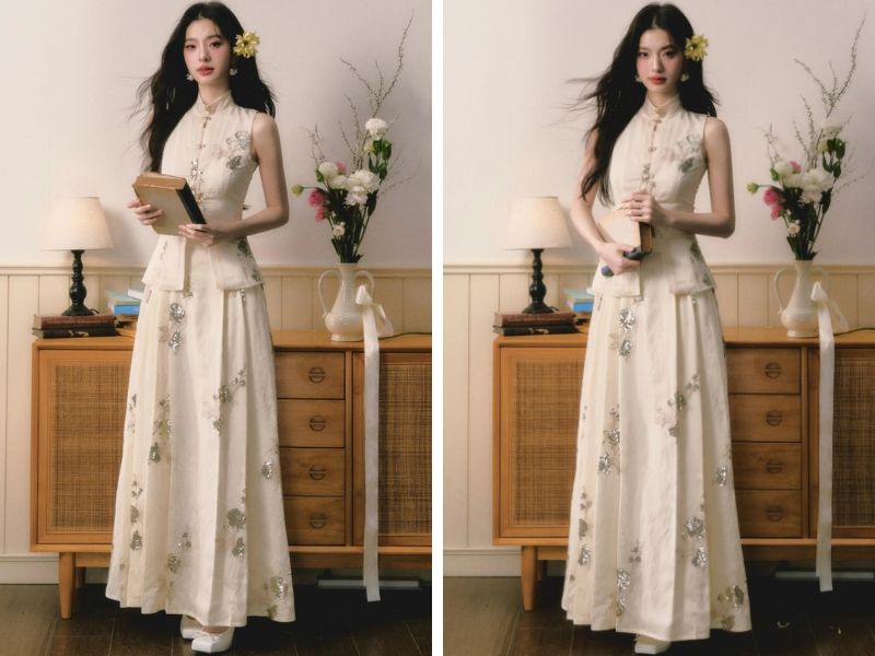 Cách mix chân váy dài với áo sát nách