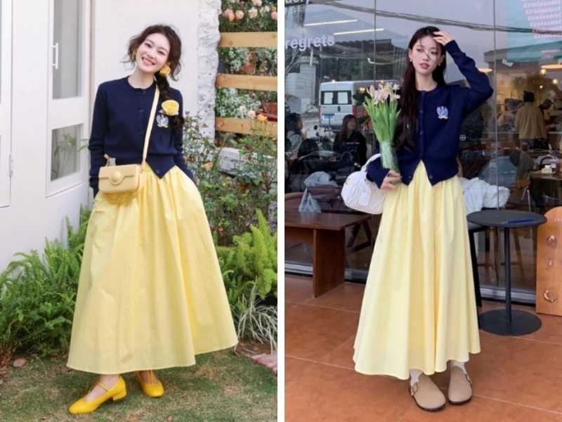 Phối chân váy vàng với cardigan xanh than
