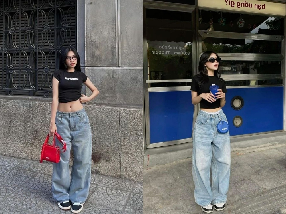 Outfit croptop kết hợp quần jean ống suông