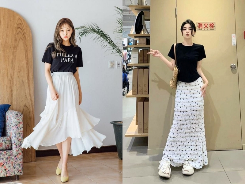 Phối chân váy đuôi cá dài với áo thun basic