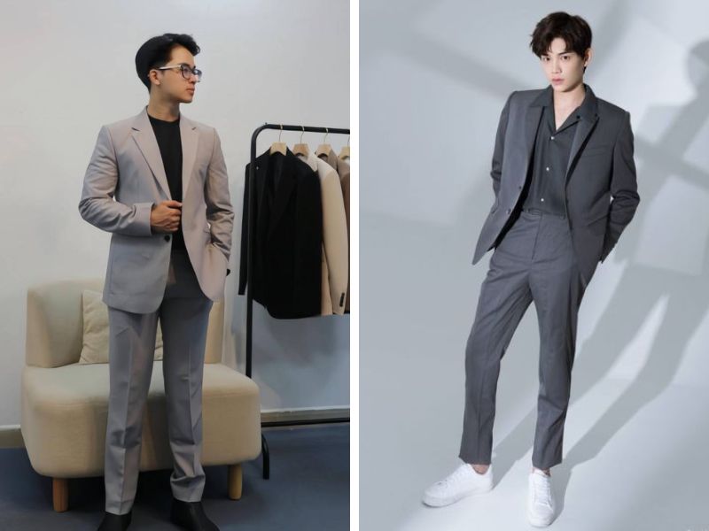 áo blazer xám với áo thun đen hoặc áo sơ mi đen