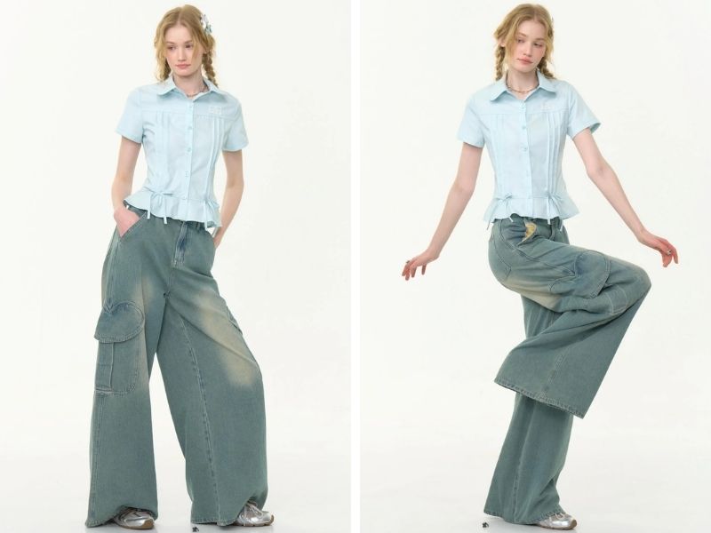 Quần baggy jean phối với áo sơ mi nữ croptop