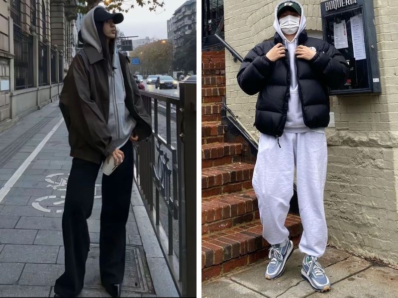 áo hoodie xám lông chuột với áo khoác đen