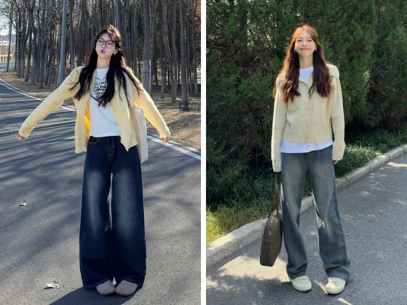Mix quần jean ống rộng mùa đông với áo cardigan