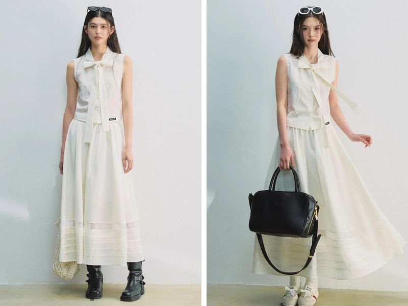 Cách phối chân váy suông dài với áo sát nách