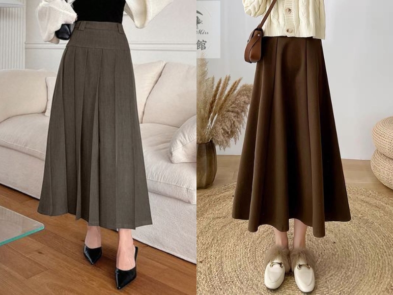 Chân váy chữ A dài phối giày thanh lịch
