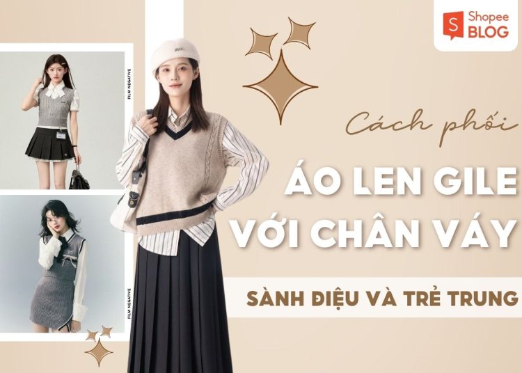 cách phối áo len gile với chân váy